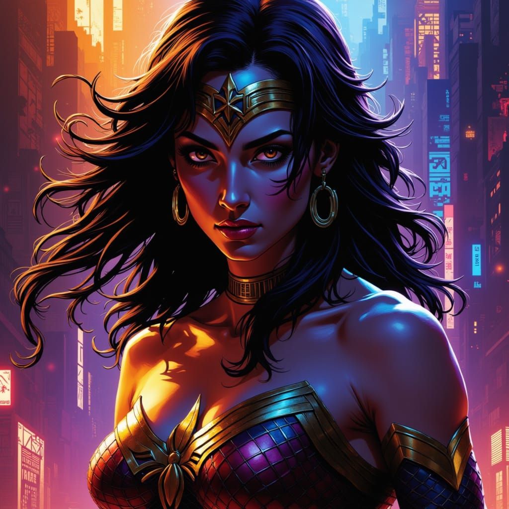 Paranoid Wonder Woman in Dark Sepia and Amber Hues