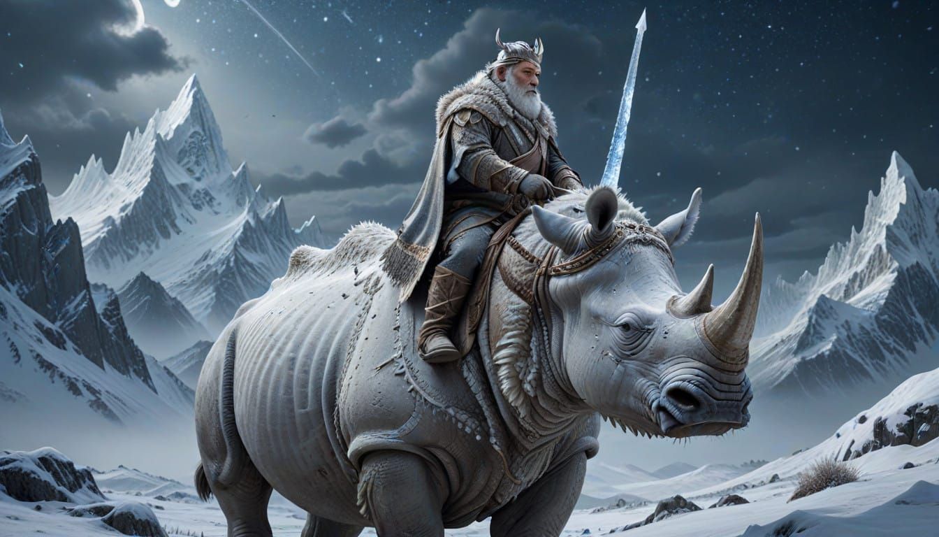 Winter King Rides Frosty Rhinoceros Under Celestial Skies
