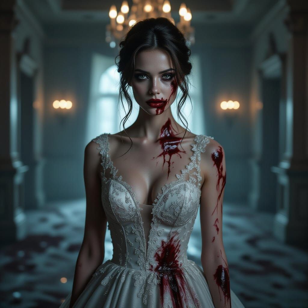 Hyperrealistic Zombie Prom Queen in Decaying Ballroom