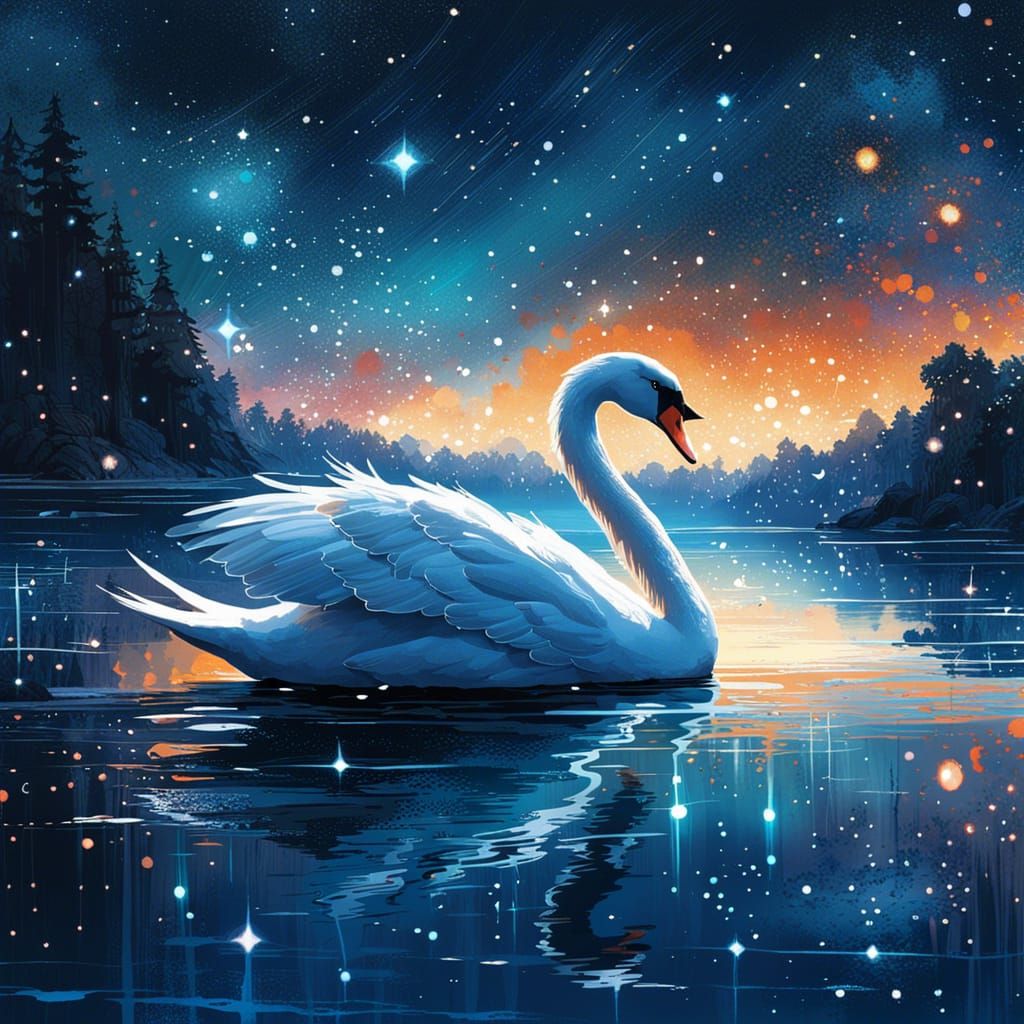 Dazzling Swan Under Constellations: Digital Art