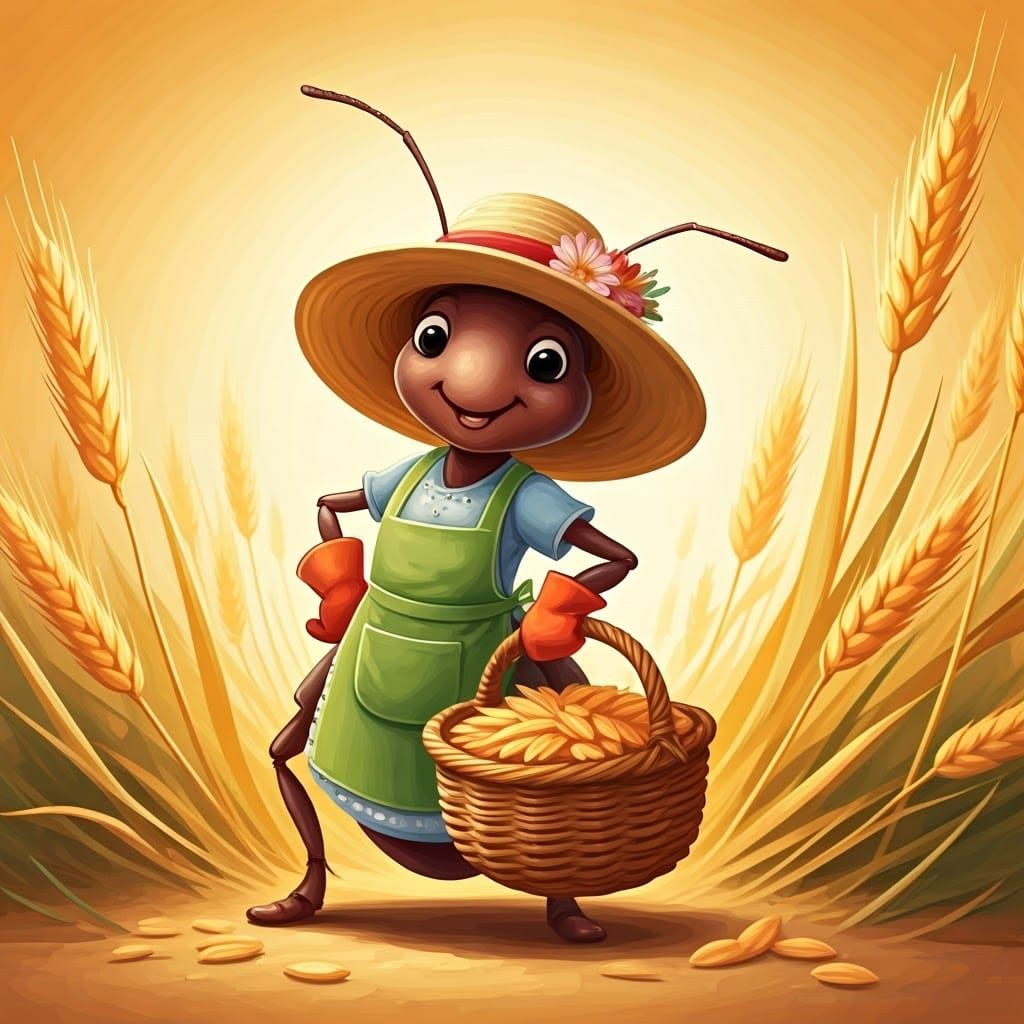 "A cute ant dressed as a gardener collects wheat grains in h...