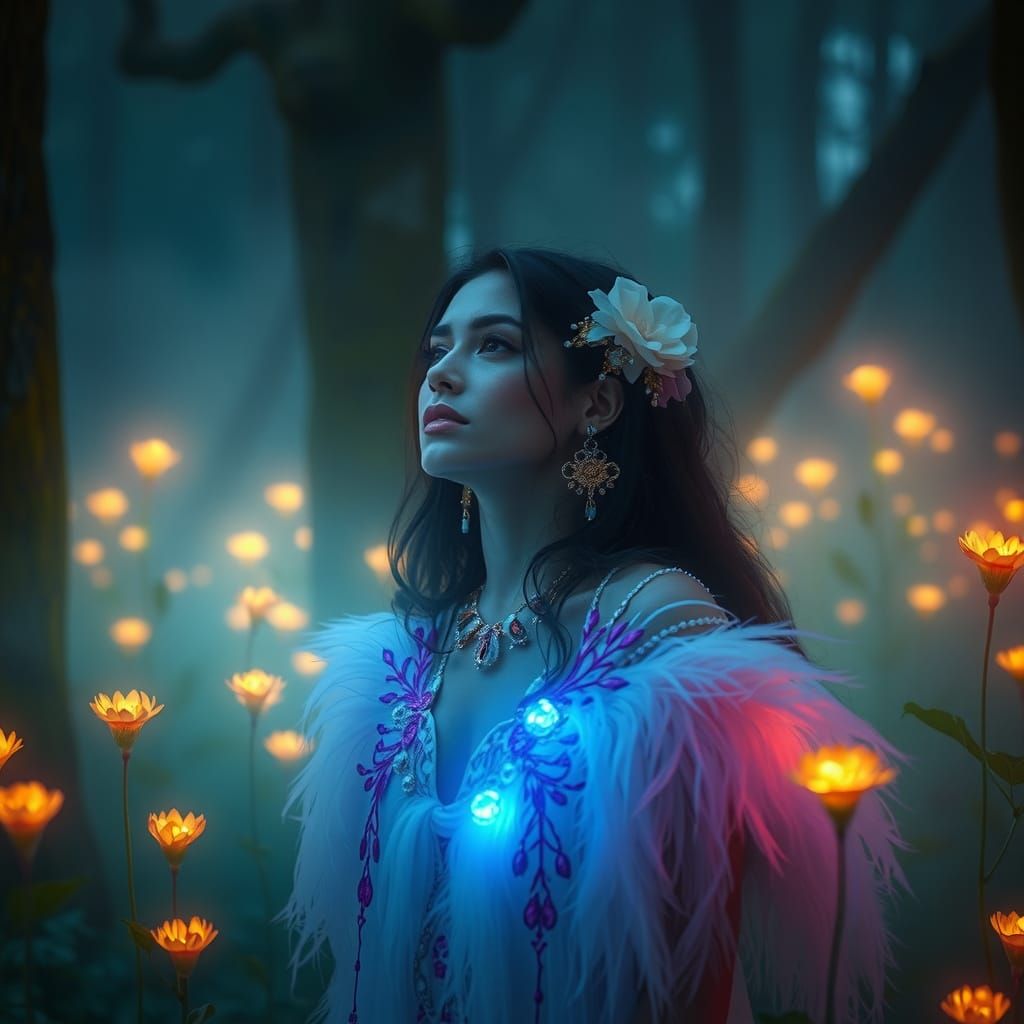 Bioluminescent Forest Ethereal Woman in Abstract Style