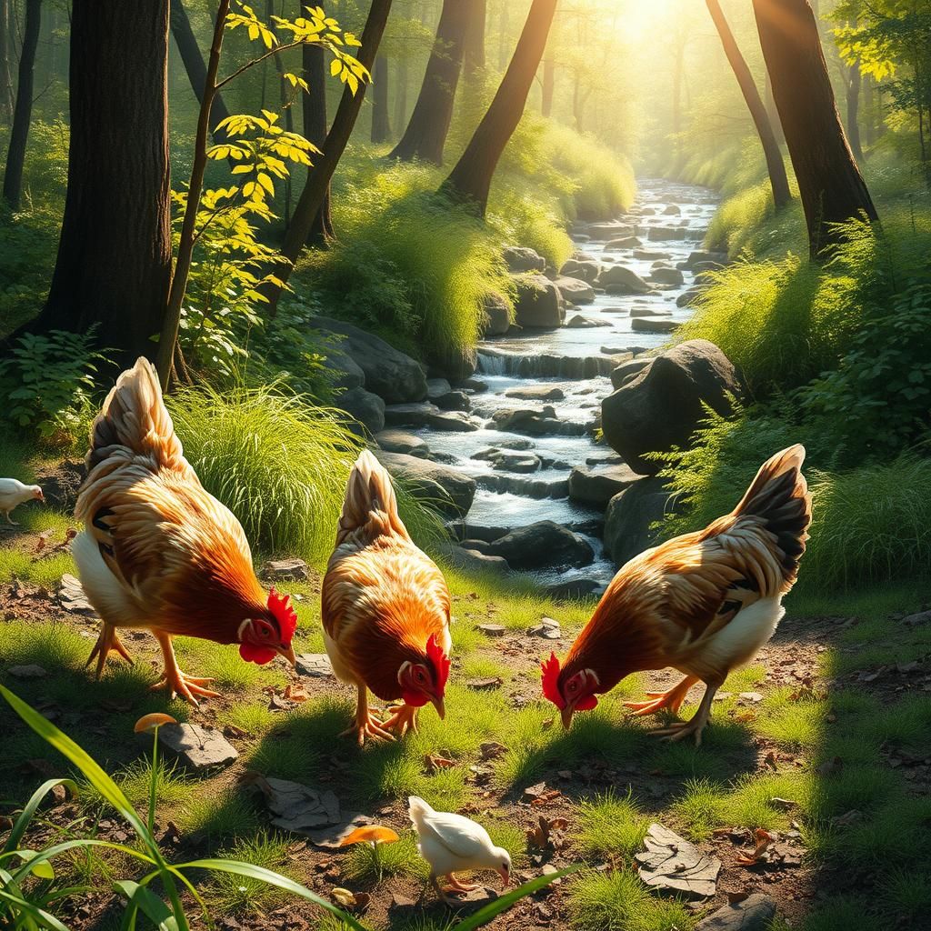 Chickens Foraging in Sunlit Forest, Wildlife Art