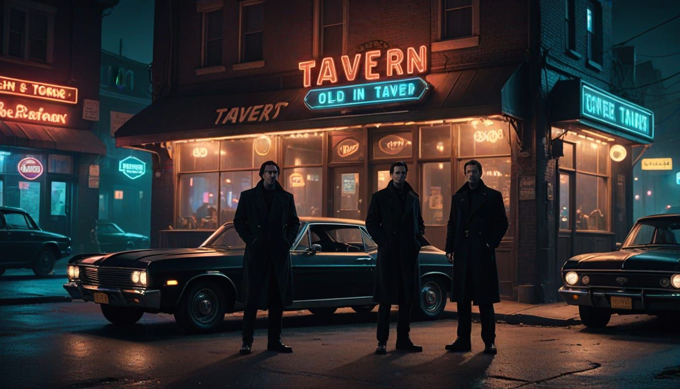 Men in Black Agents at Noir Sci-Fi Tavern at Night