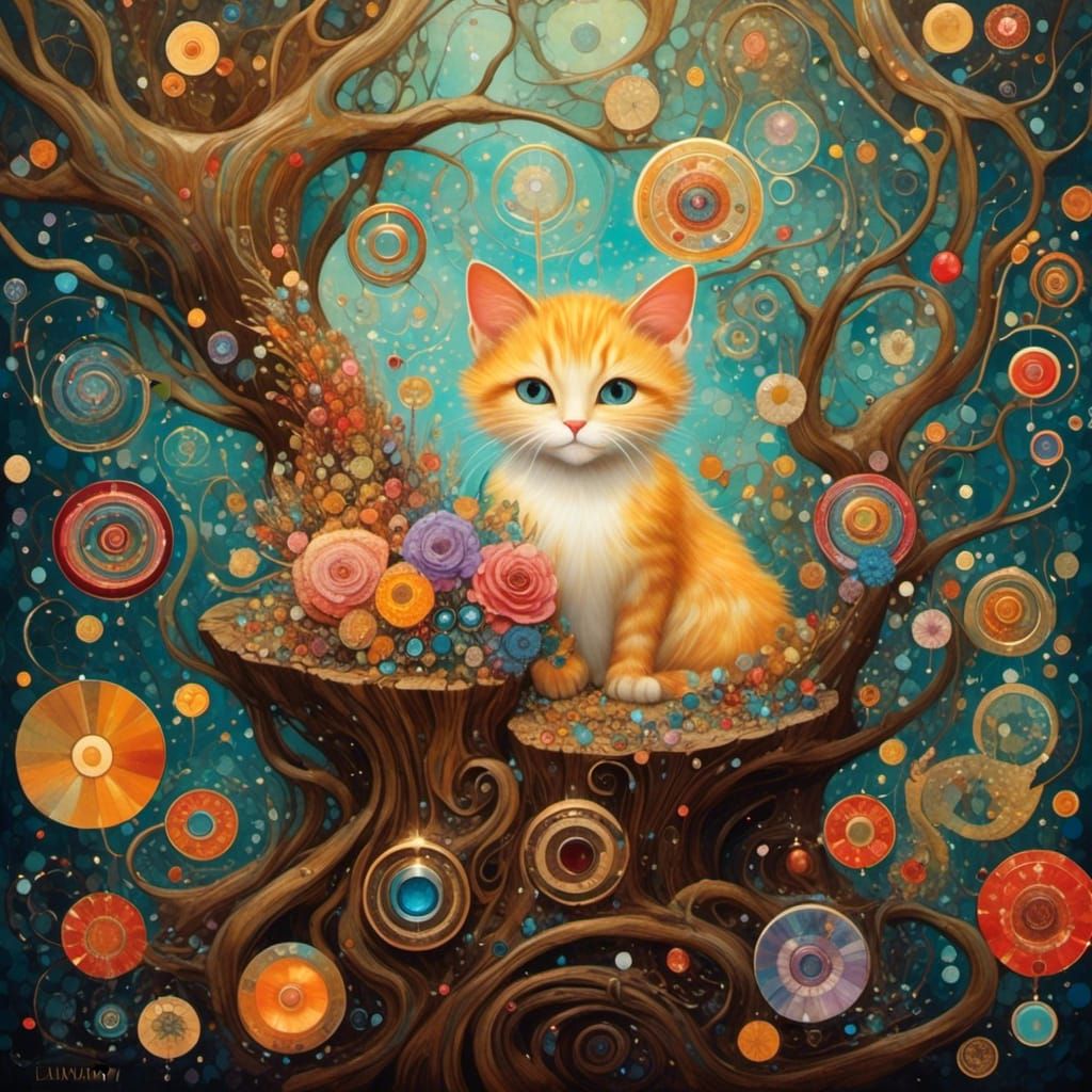 Klimt-Inspired Cat in Botanical Tree Stump