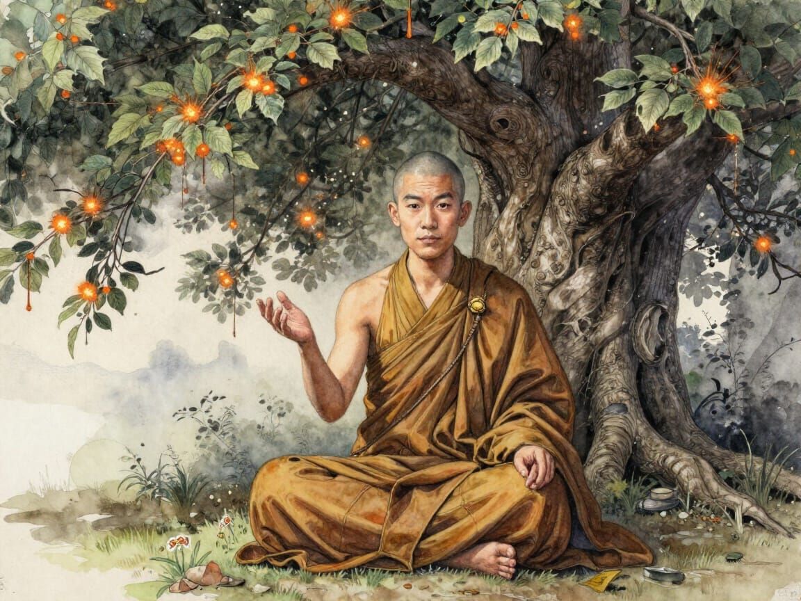Monk Meditating Under Glowing Ember Tree in Watercolour Styl...