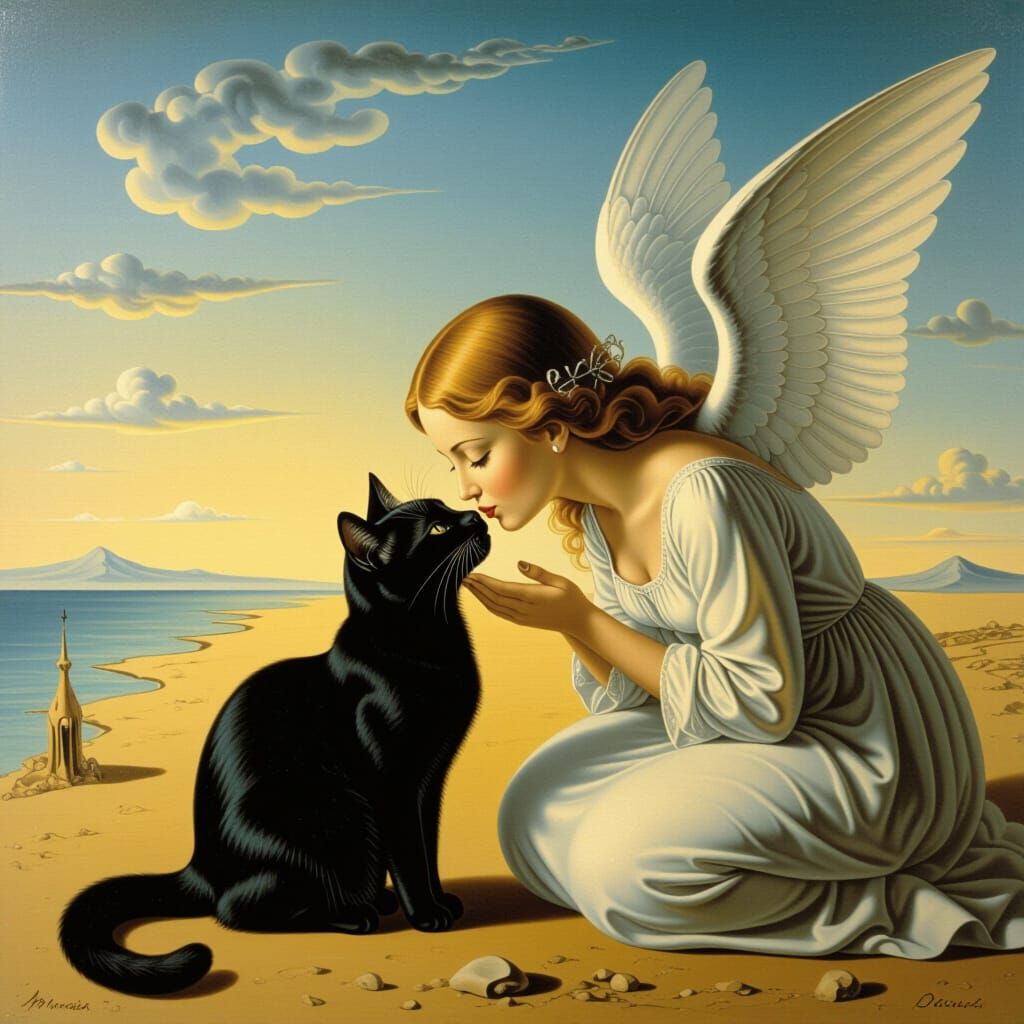 Angel Kisses Black Cat: Surrealist Oil Painting