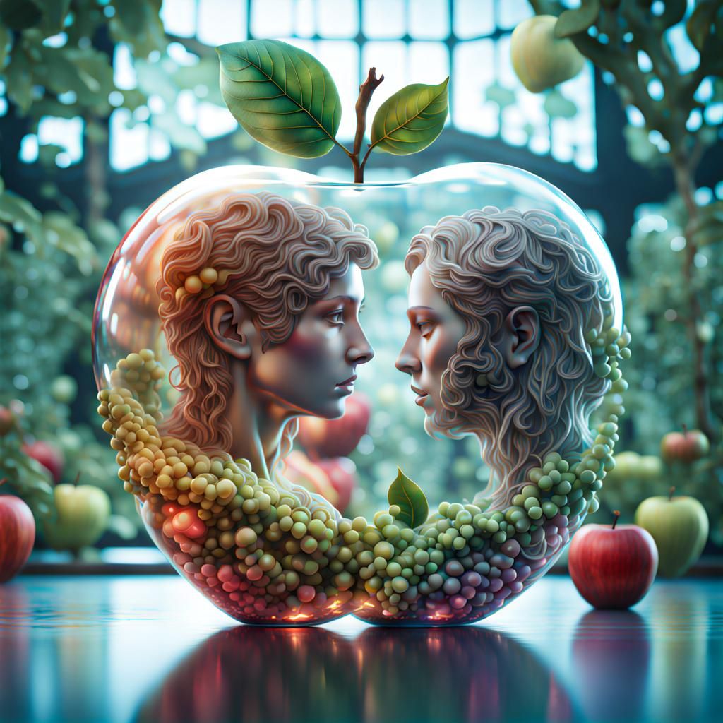 Adam and Eve Holding Magical Apple in Eden