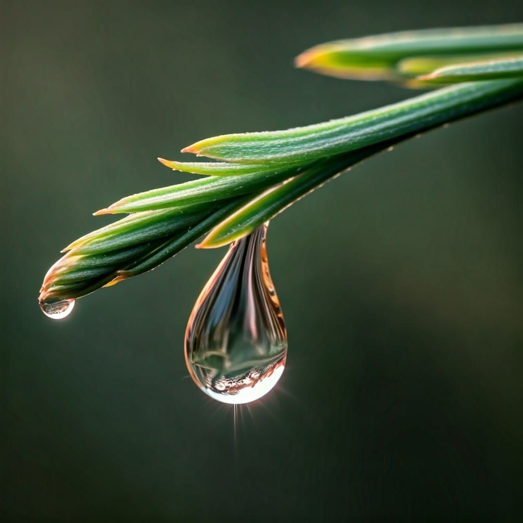 Surreal Macro Photography of a Dewdrop on Emerald Branch