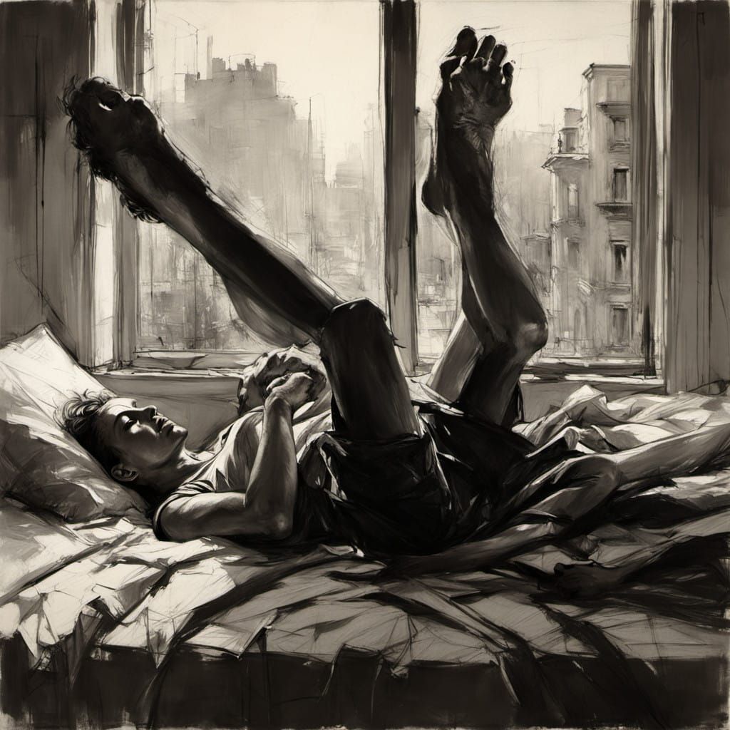 Lazy Morning Awakening in Hyper-Realistic Charcoal