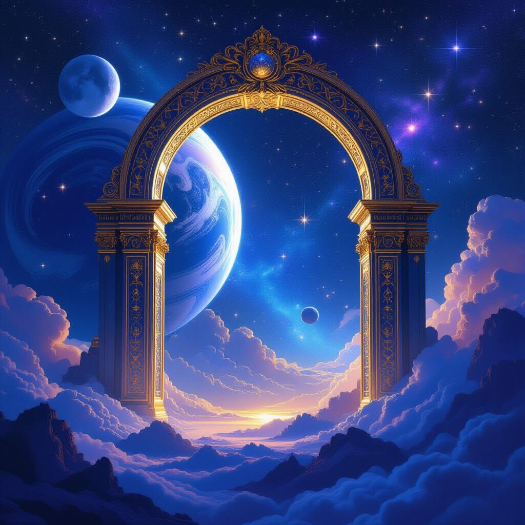Cosmic Digital Painting of Celestial Gate with Planets and S...