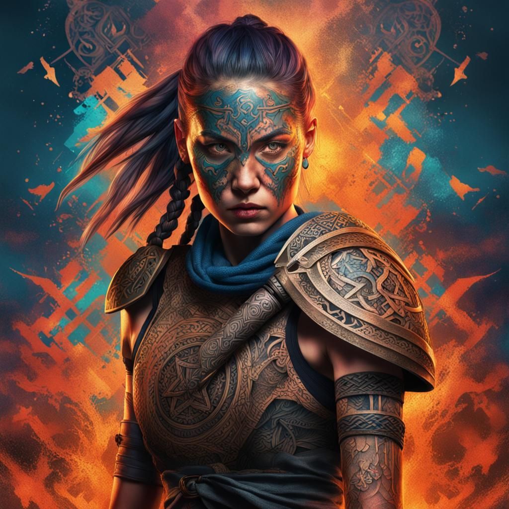 Hyperrealistic Female Warriors with Runic Tattoos