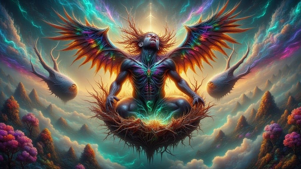 Surreal Rainbow Binary Man Hatching in Storm