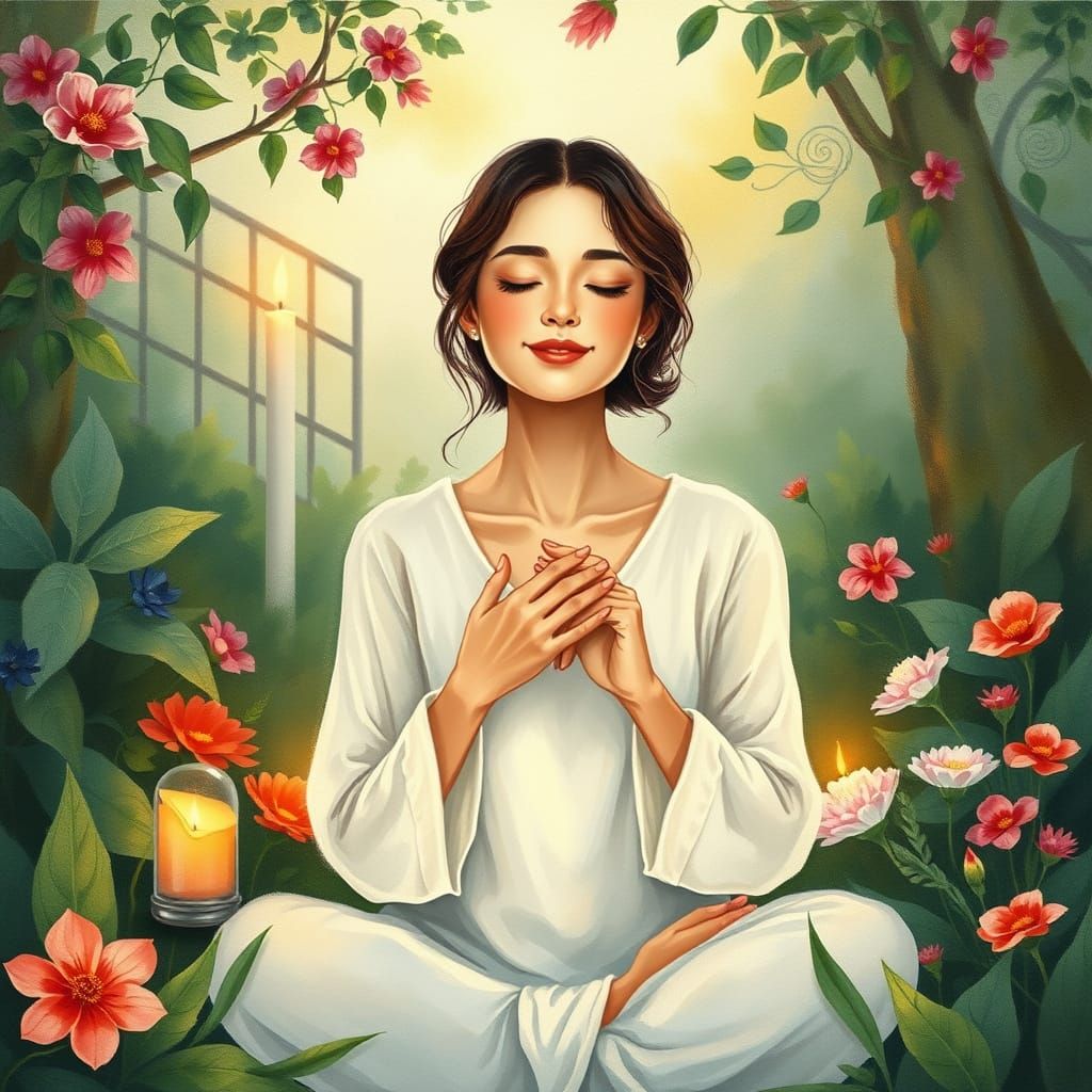 Serene Goddess of Loving-Kindness in a Vibrant Watercolor Ga...