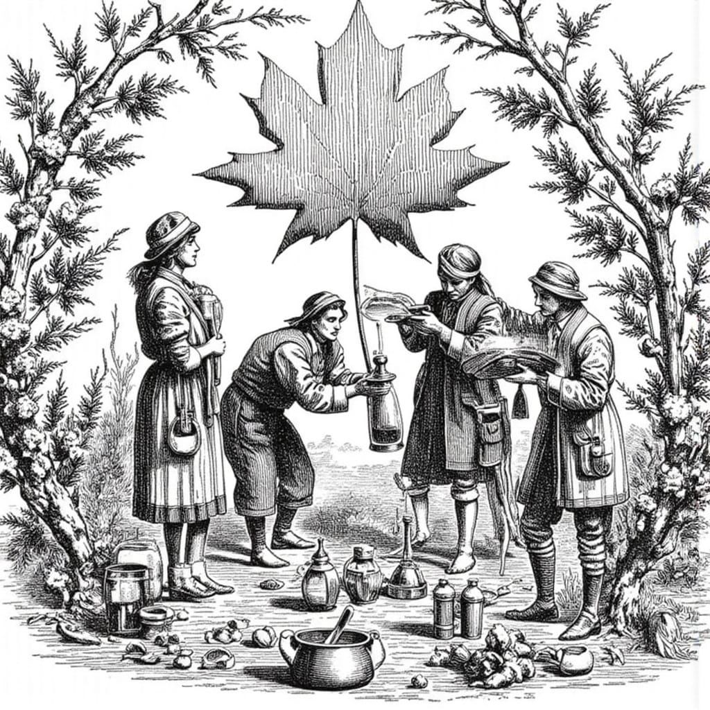 Surreal Maple Syrup Harvest Scene in Vintage Engraving Style