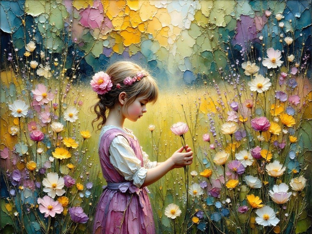 Young Girl Picks Flowers in Vibrant Impasto Painting