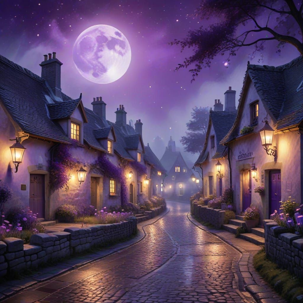 Whimsical Village Under Purple Moon in Watercolor Style