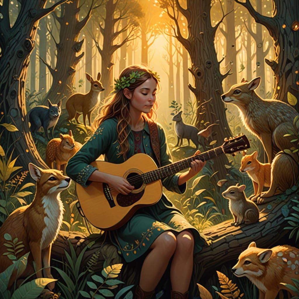 Girl Playing Guitar with Whimsical Animals in Forest