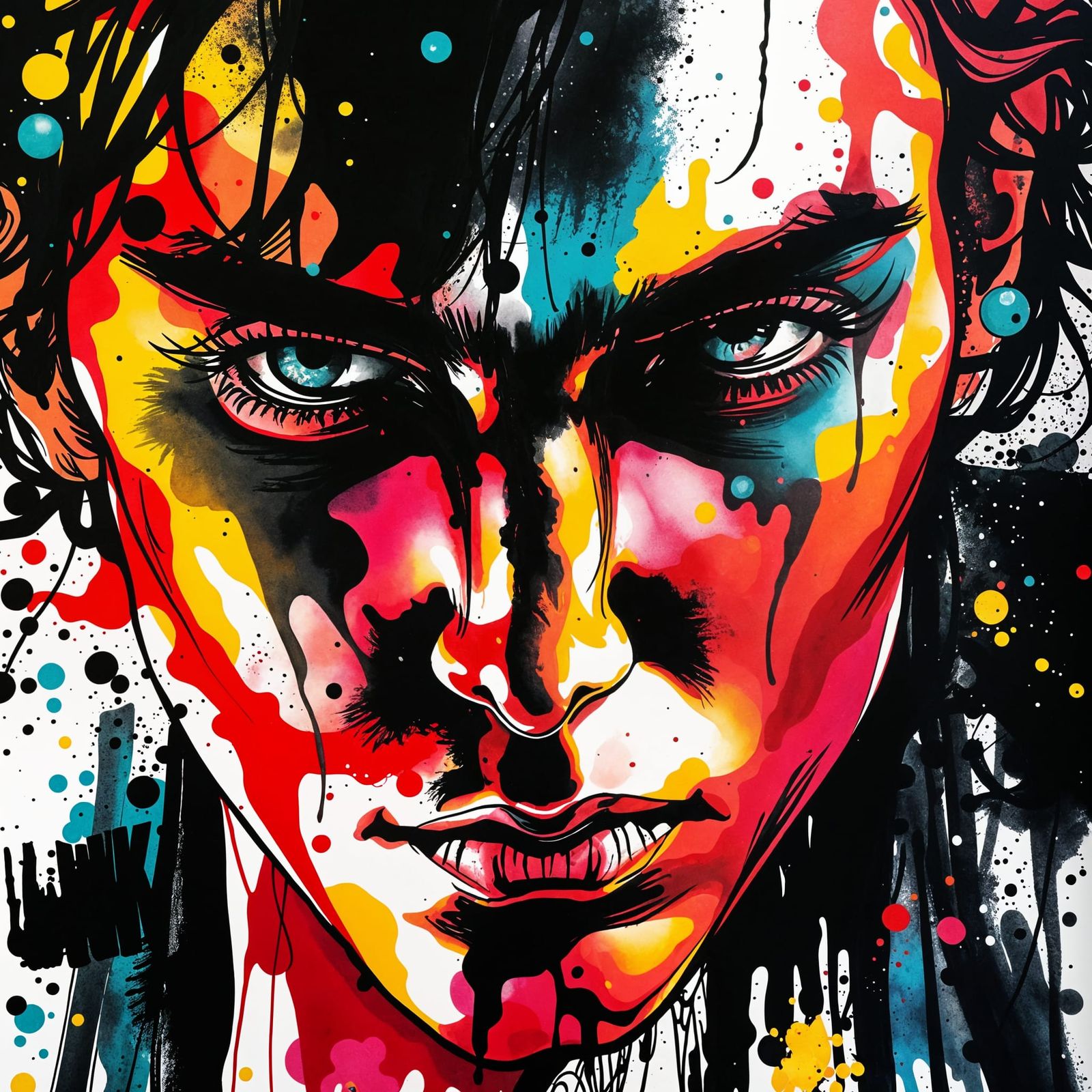 Expressive Ink Splatter Portrait: Vibrant Multicolored Face