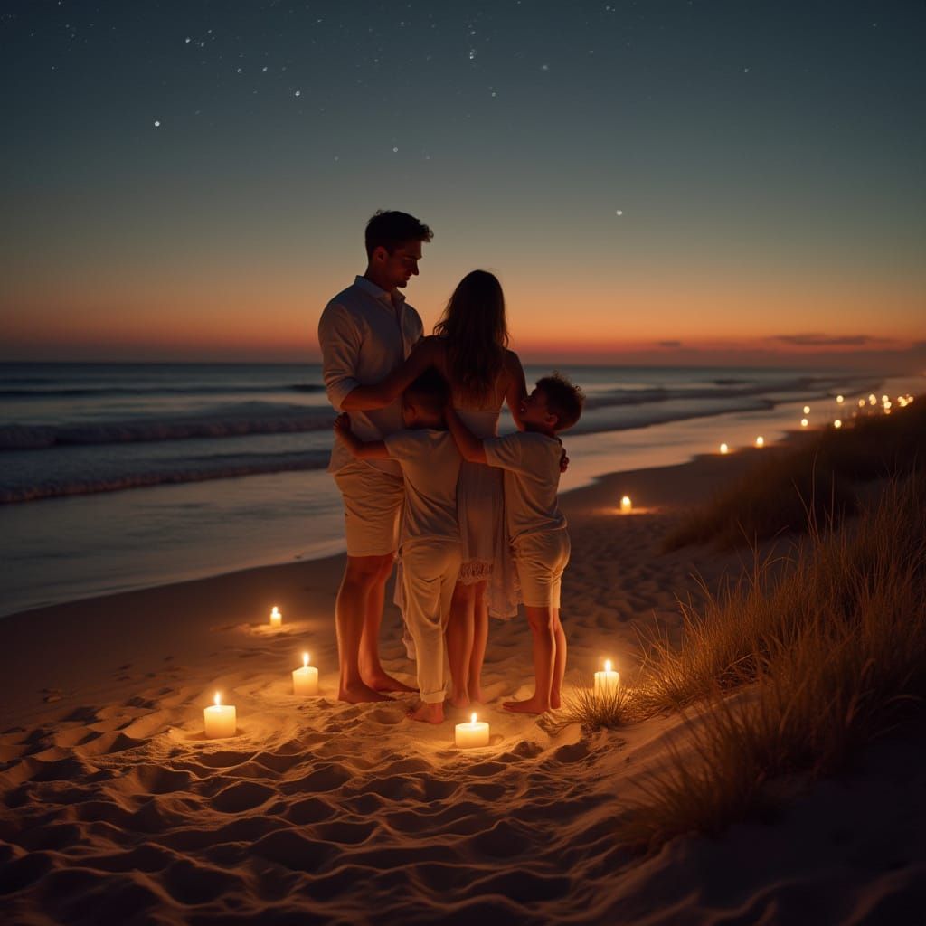 Warm Family Beachside Embrace Under Starry Night Sky