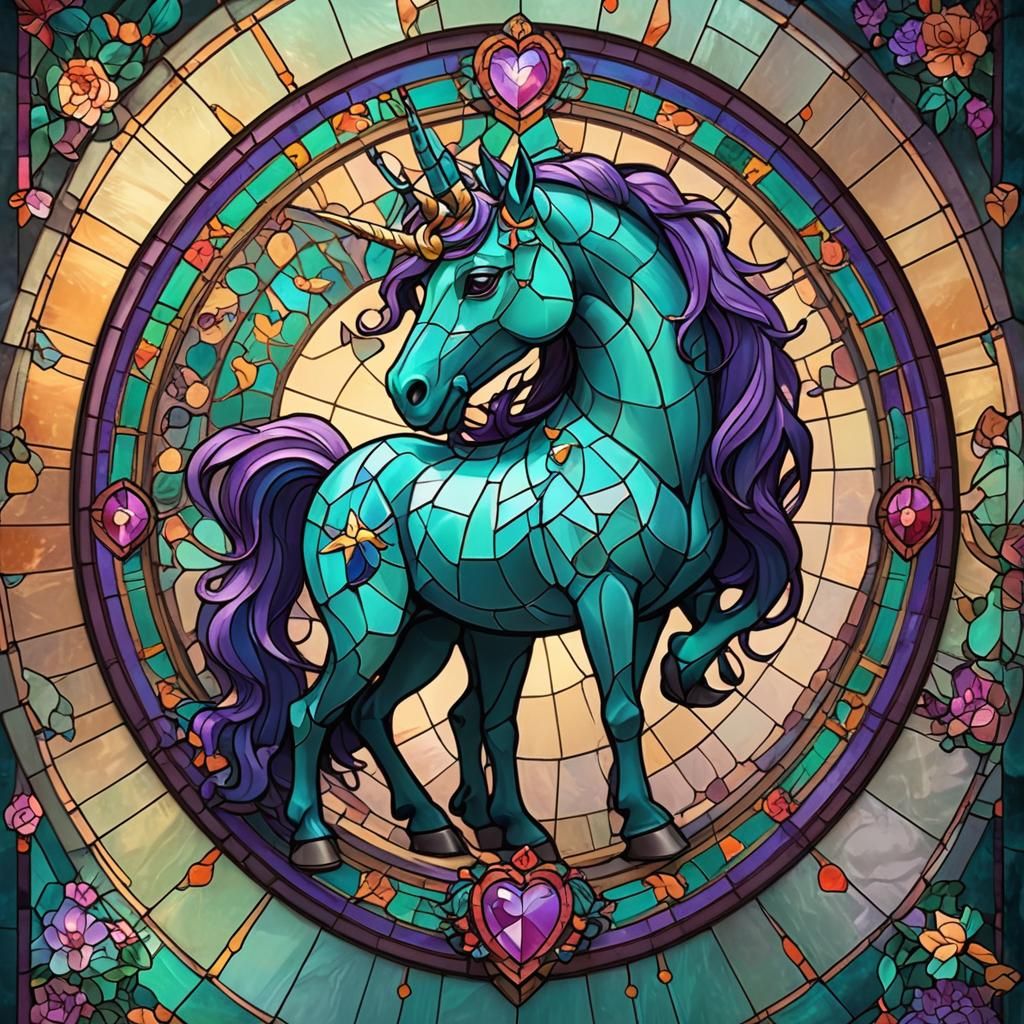 Teal Unicorn in Stained Glass Window