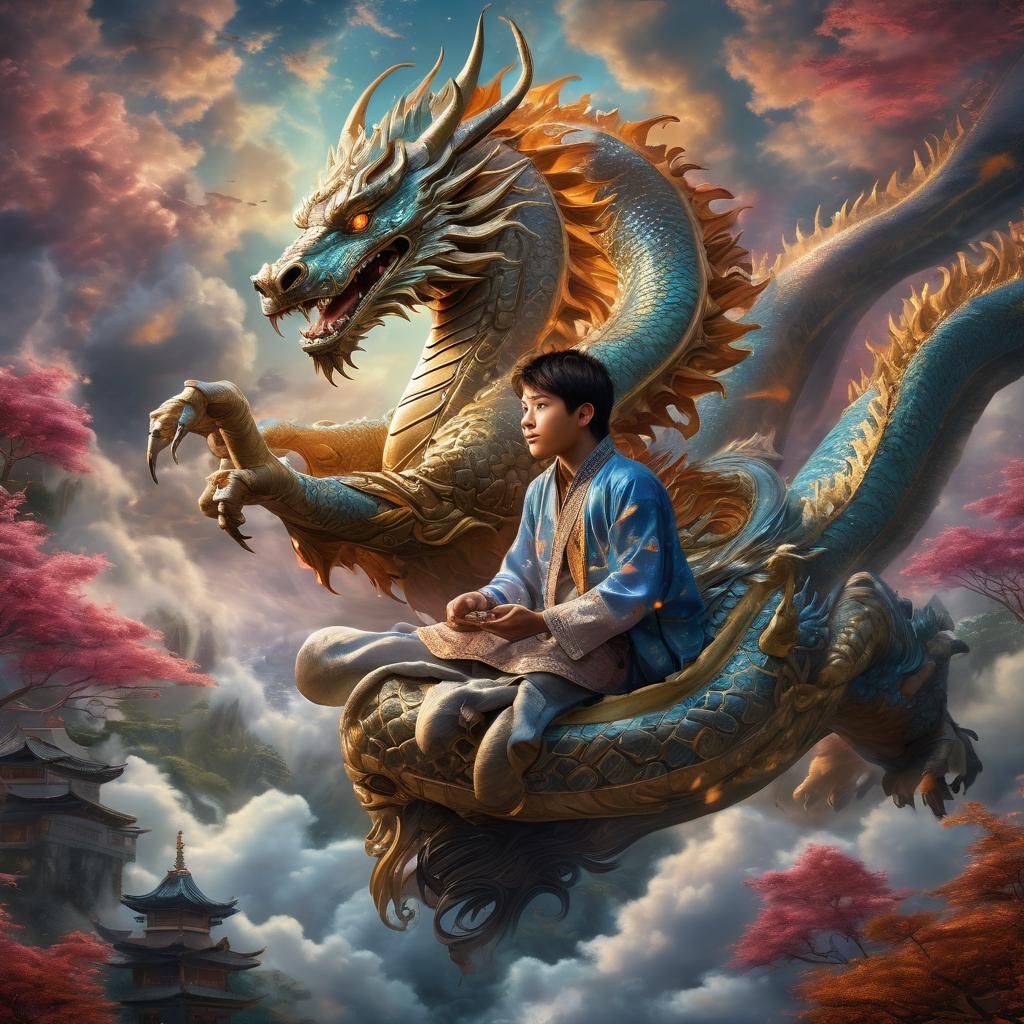 Boy on Dragon: Cosmic Ethereal Illustration