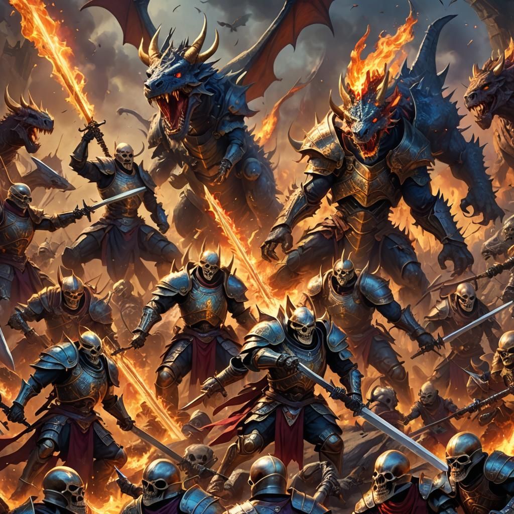 Epic Fantasy Army of Armored Dragons and Skeletons