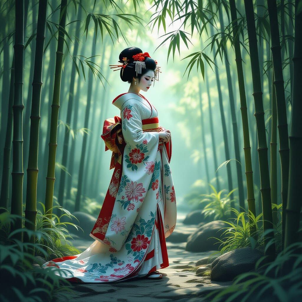 Geisha in Baroque Kimono in Bamboo Forest