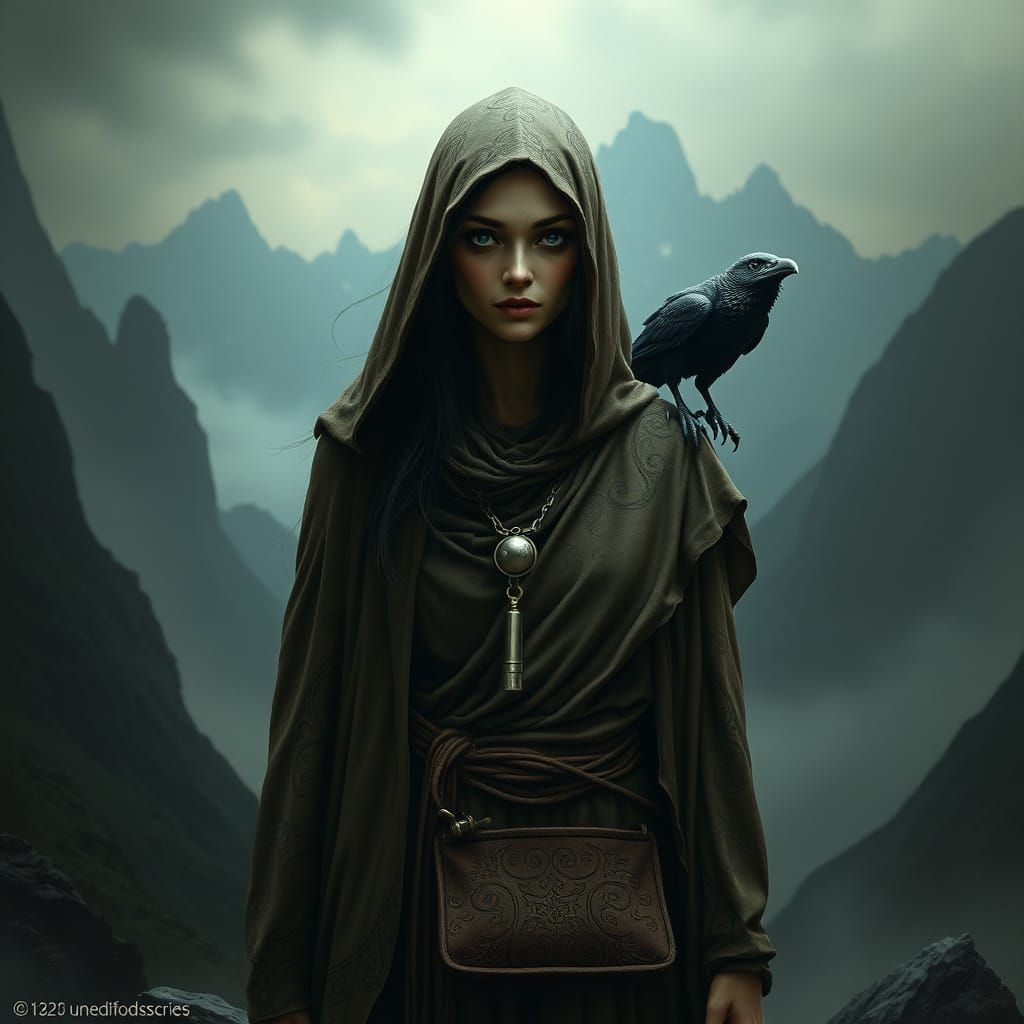 Mystical Mountain Woman with Piercing Gaze