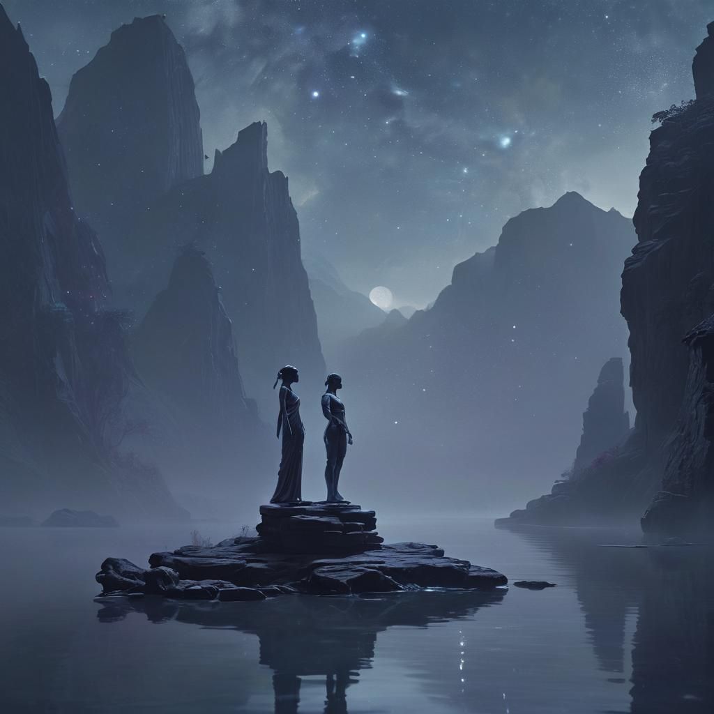 Ethereal Figures on Floating Platform in Digital Art