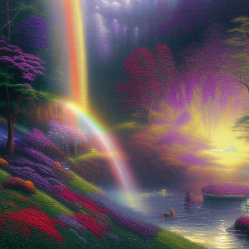 Ethereal Rainbow Landscape in Kinkade Style
