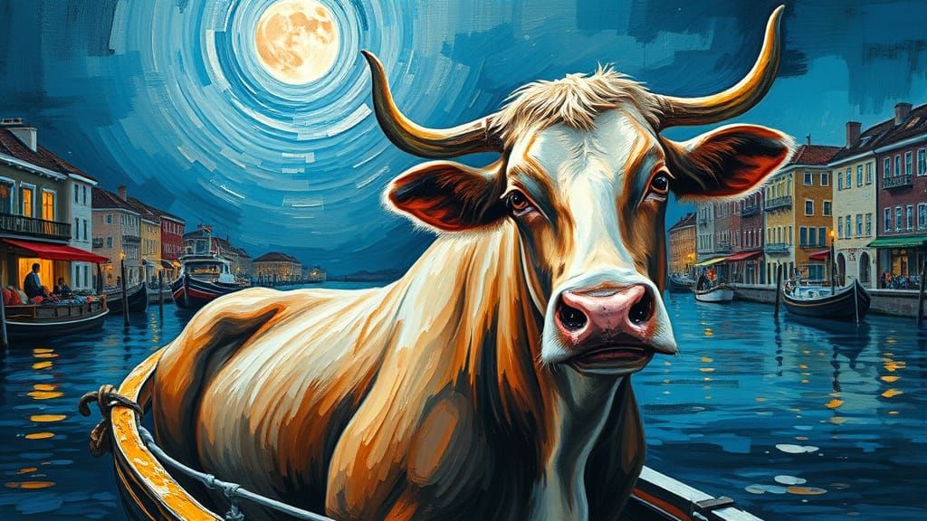 Sagittarius Cow in Moonlit Canal: Neo-Impressionist Oil Pain...