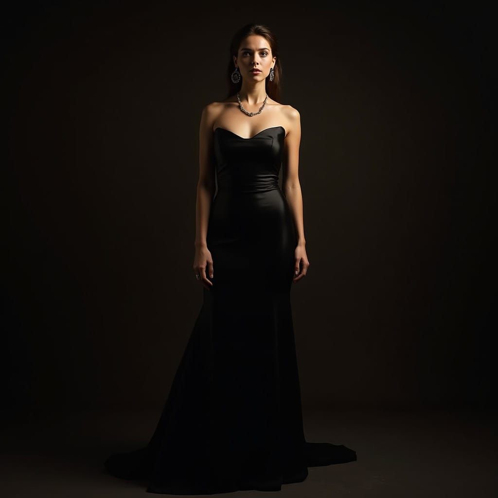 Elegantly Clad Noble Woman in Black Evening Gown