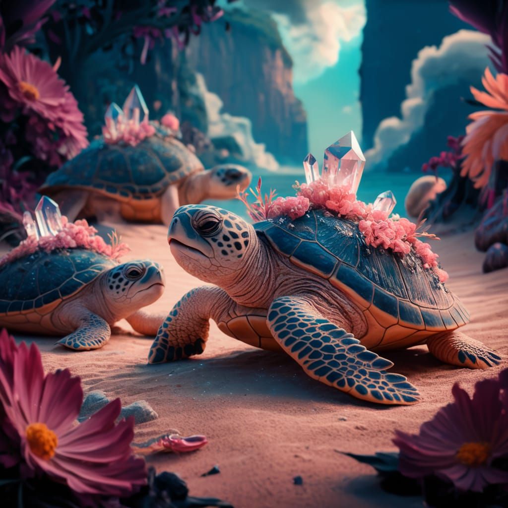 Fantastical Beach Scene with Crystalline Turtles