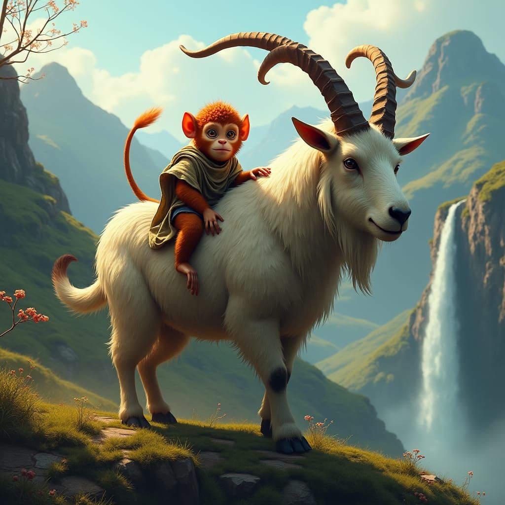 Monkey Rides Goat in Dreamlike Fantasy Landscape