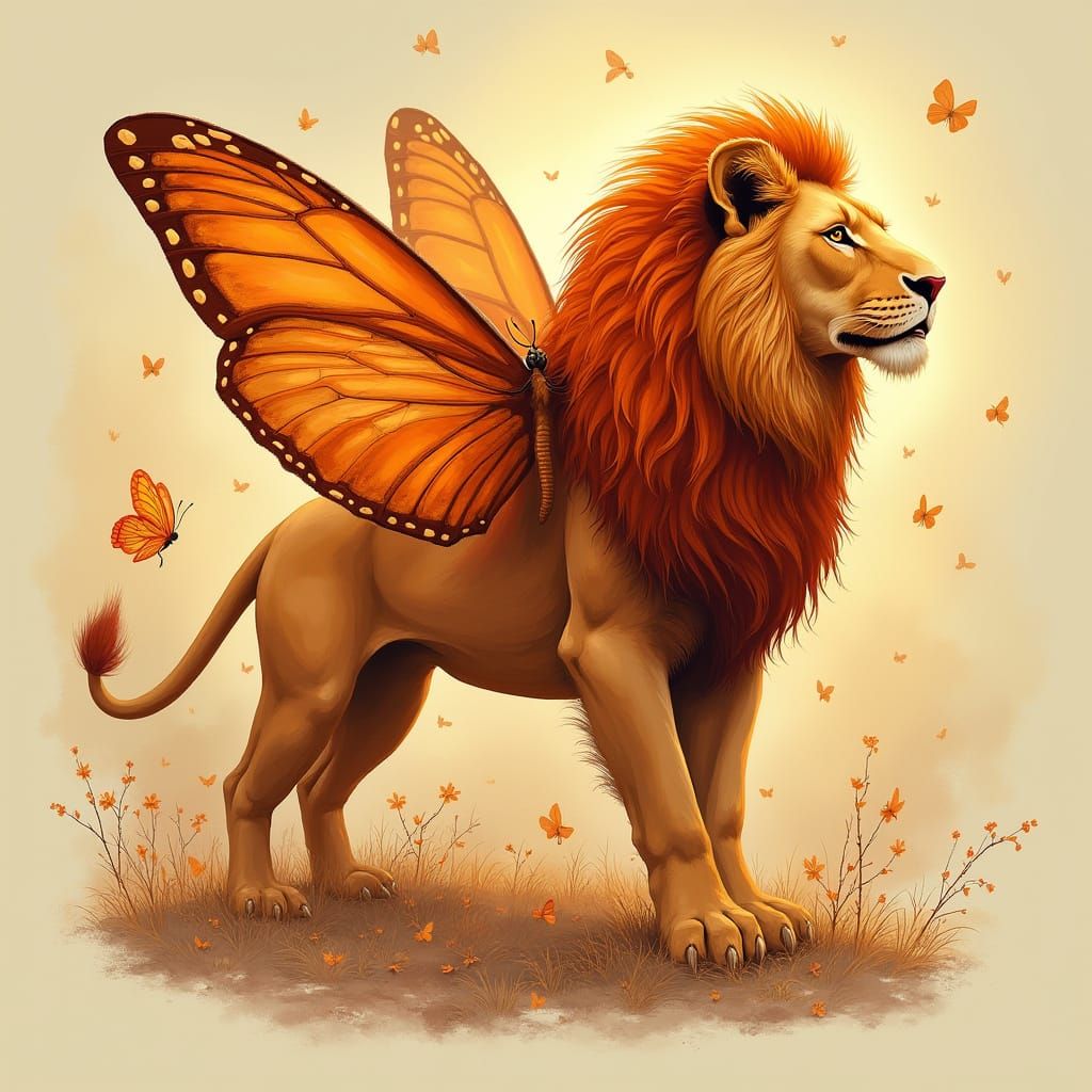 Lion with Butterfly Wings in Vibrant Orange