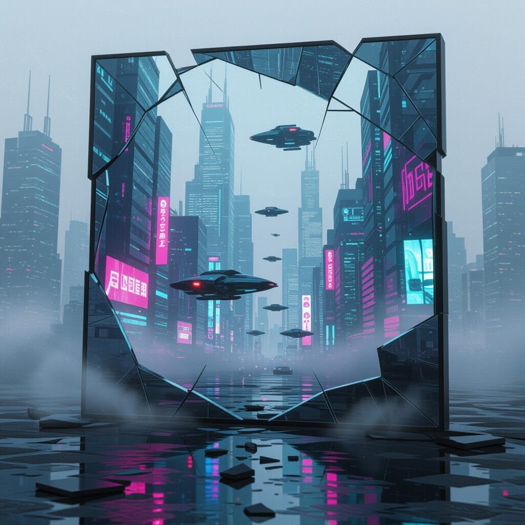 Cyberpunk Cityscape Reflected in Shattered Mirror