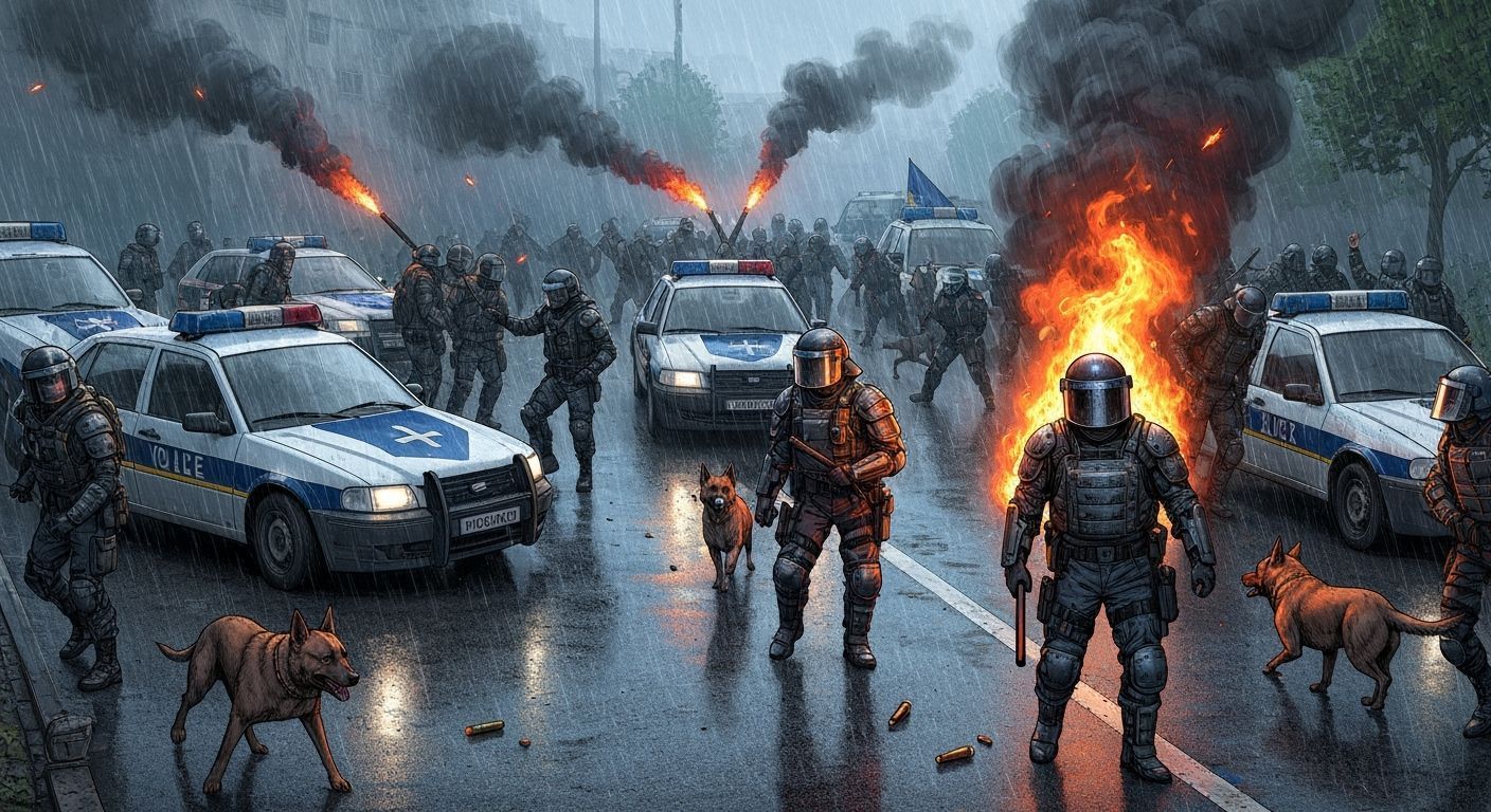Riot Scene in Franco-Belgian Comic Art Style