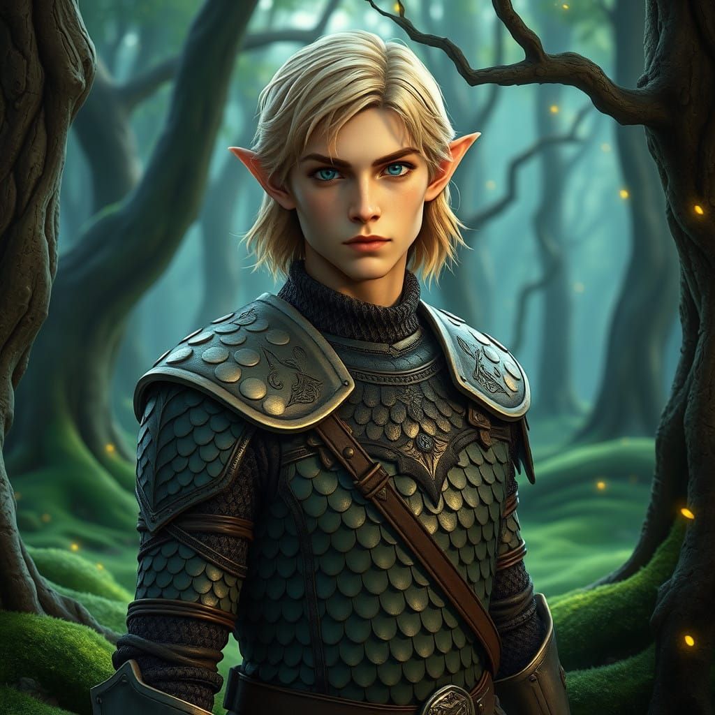 Elven Ranger in Scale Mail, Amidst an Ancient Forest