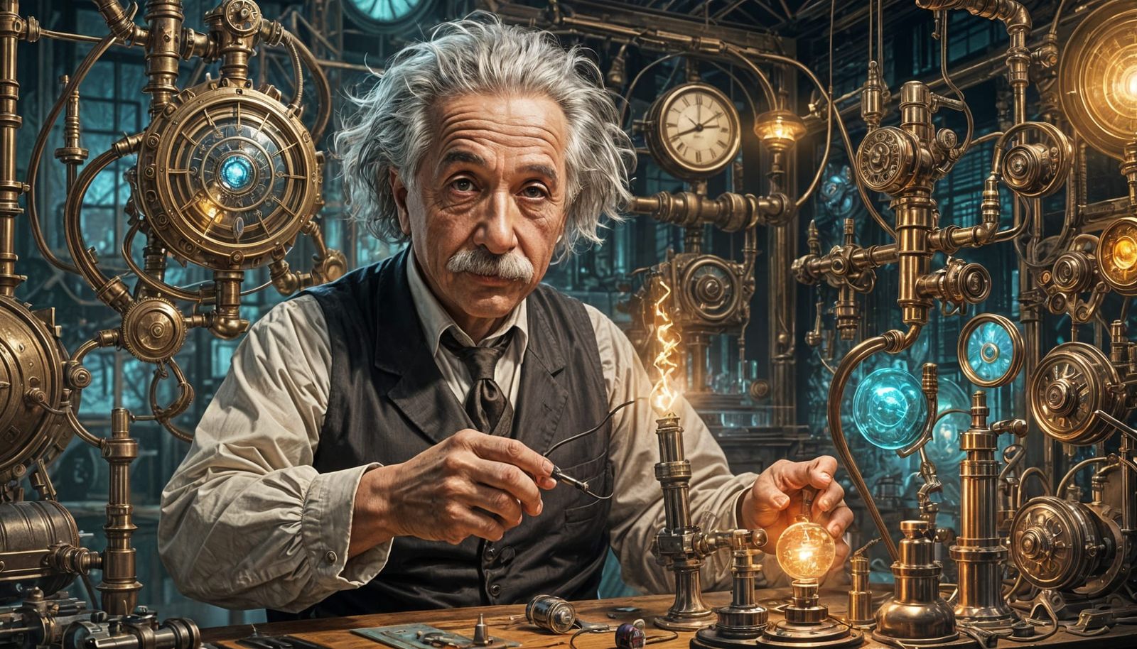 Einstein in Laboratory: Hyperrealistic Steampunk Portrait