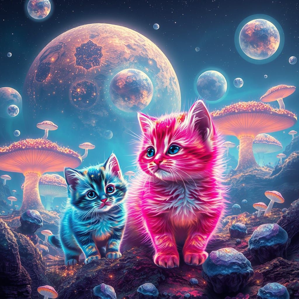 Vibrant Kitten Realms in Celestial Landscapes