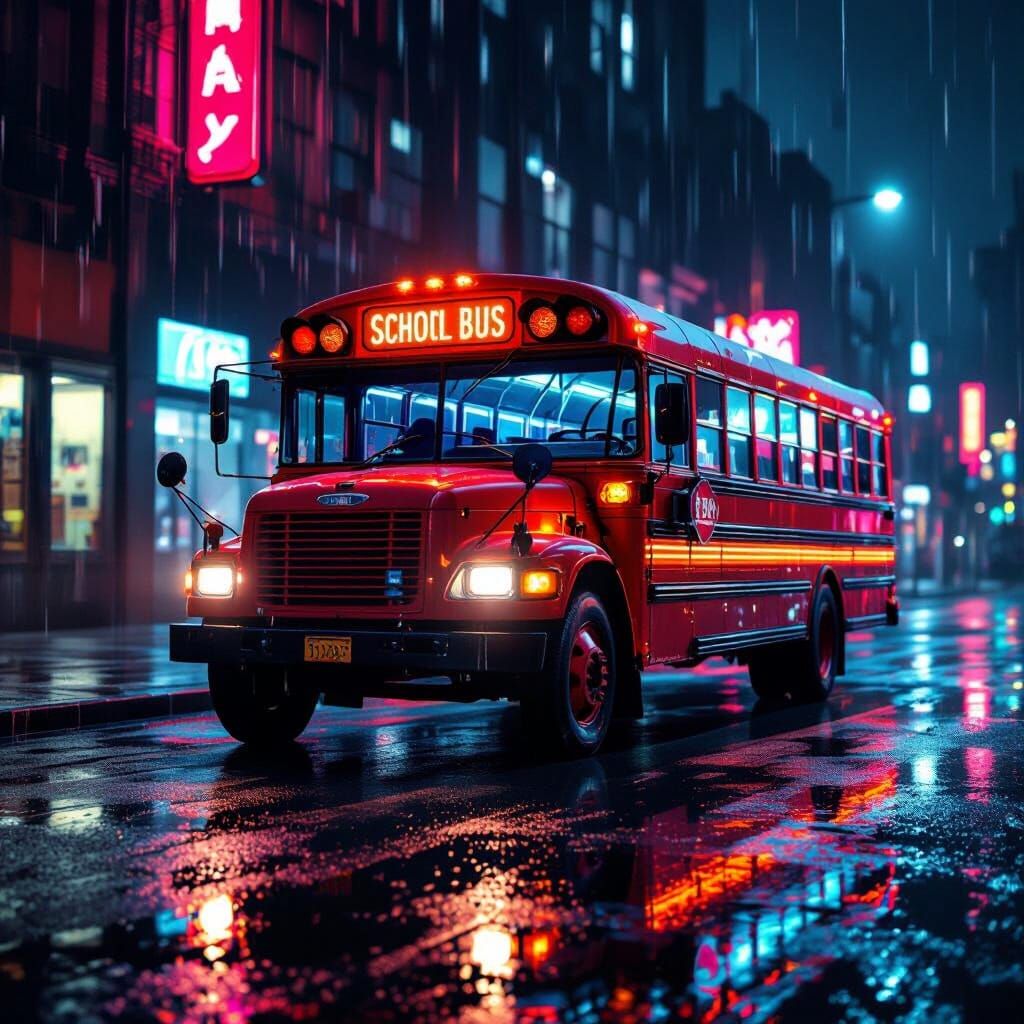 Neon-Lit Red American Bus on Gritty Urban Street