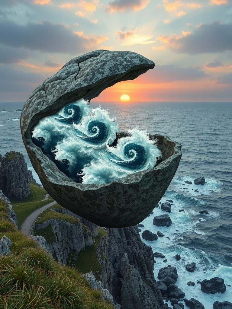 Morphostasis Multiply Embodied Barely-Contained Storm in a Stone Lace Pebble 3D Collage Sculpture Under Knitted Living C...