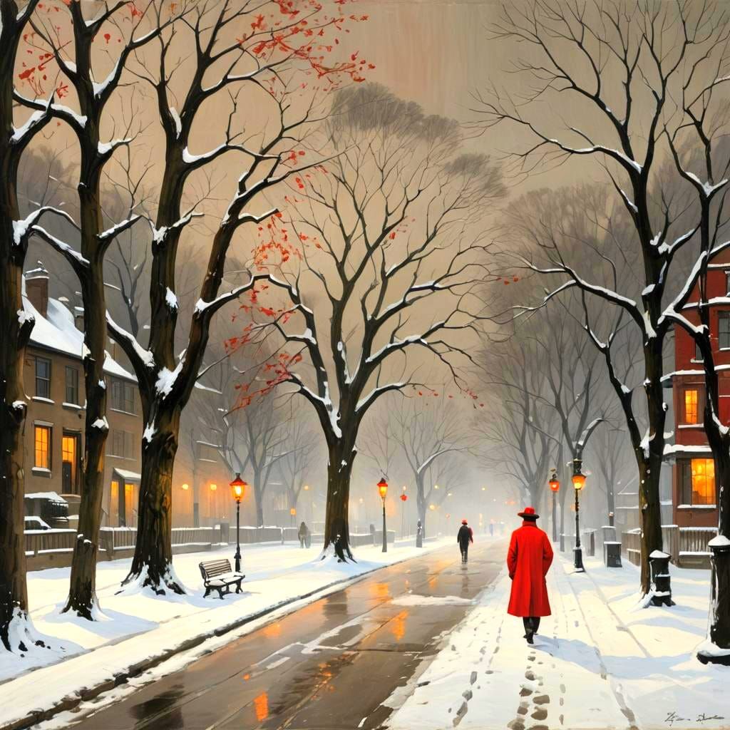 Winter Street Scene with Figure in Red, Vintage Painting