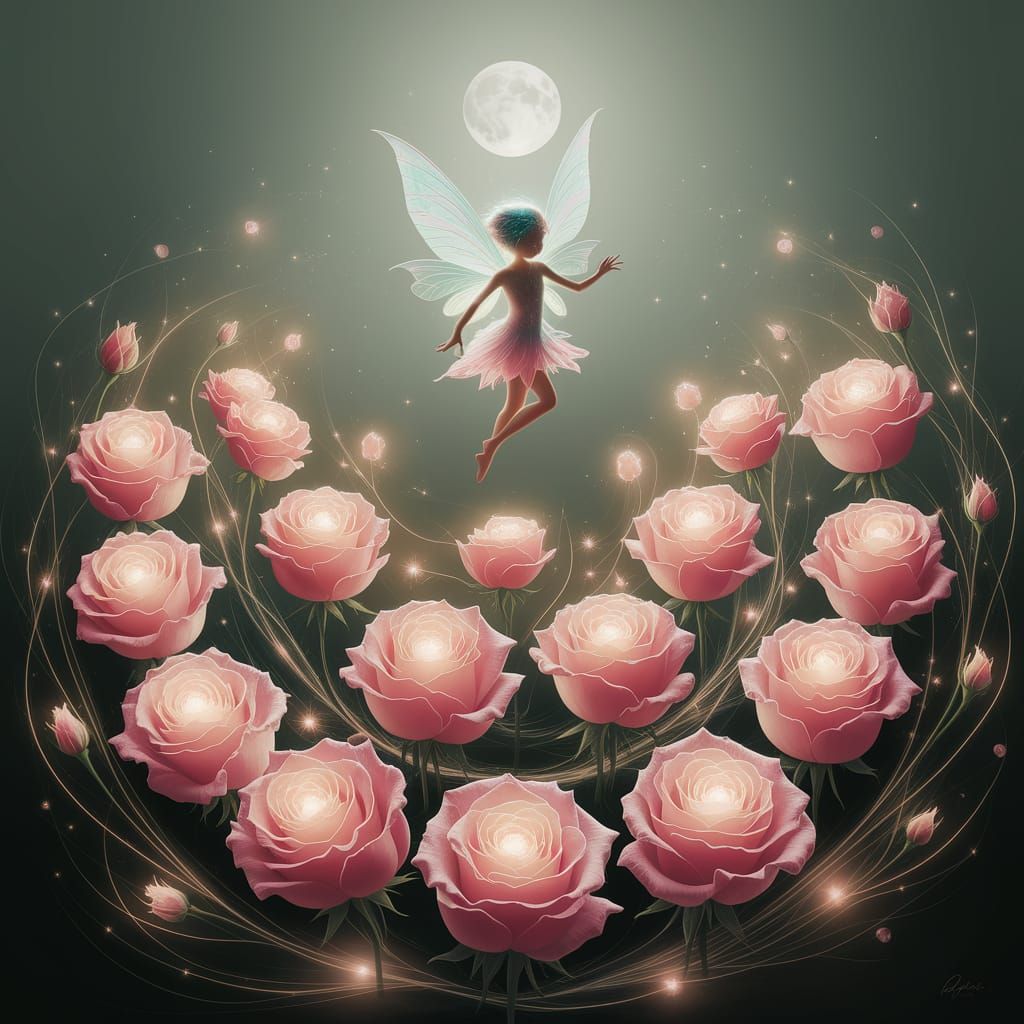 Ethereal Fairy Above Luminous Roses in Impressionistic Style