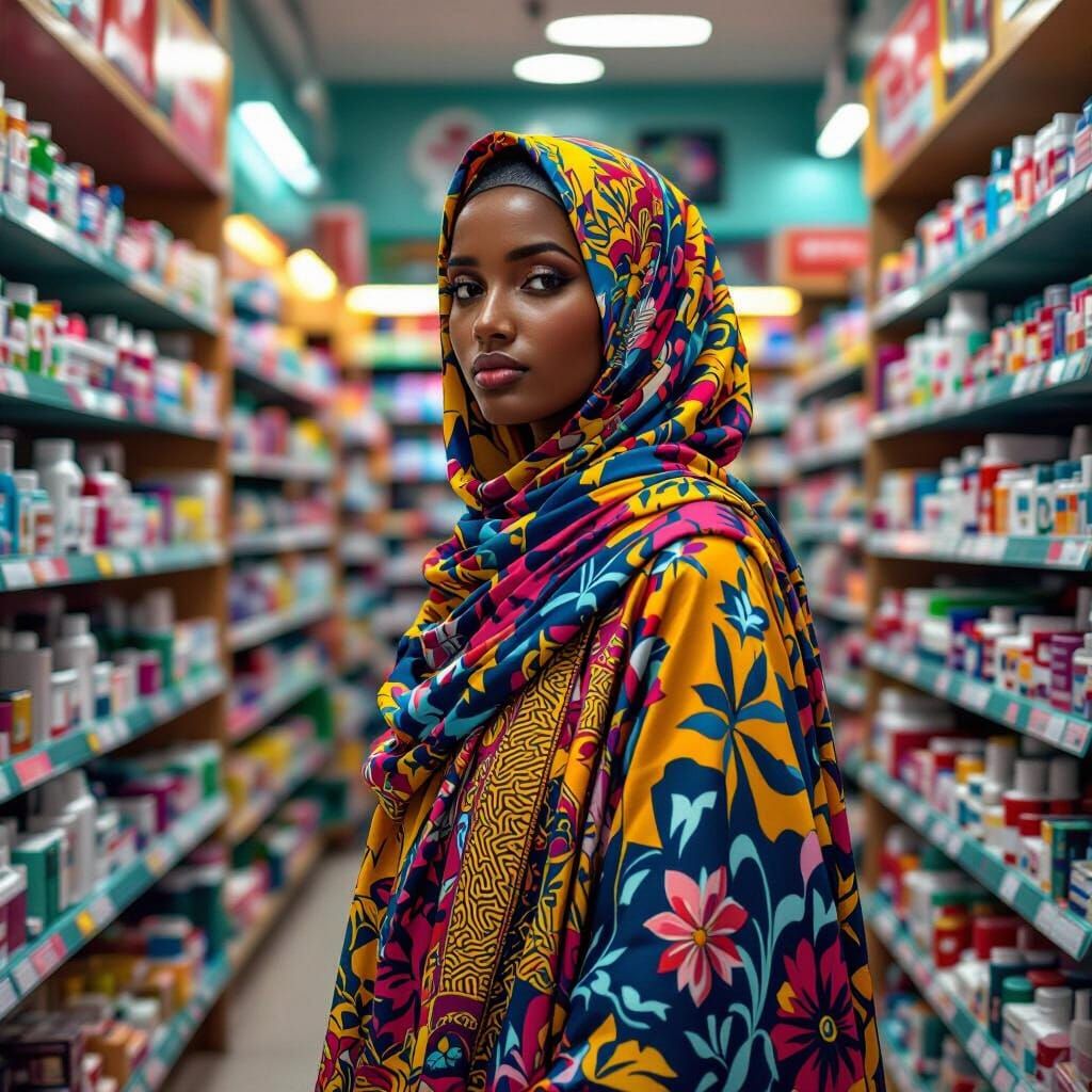 Sudanese Woman in Pharmacy, Digital Art Style
