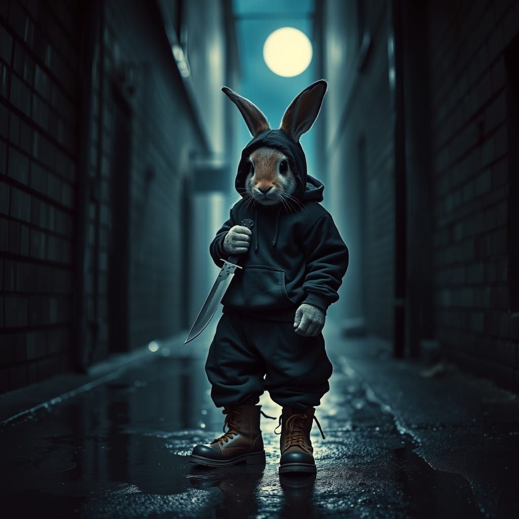 Gritty Urban Bunny Wields Combat Knife in Dark Alleyway