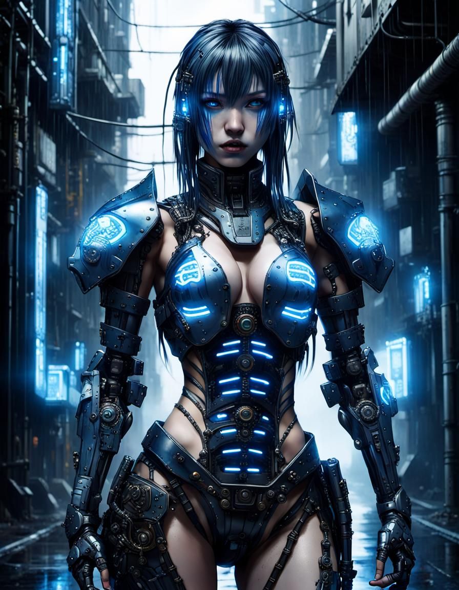 Cyberpunk Cyborg in Rainy Dystopian Cityscape