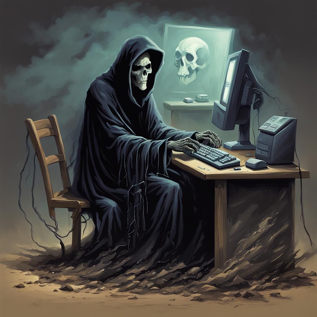 Grim Reaper at Computer Screen, Sinister Digital Art
