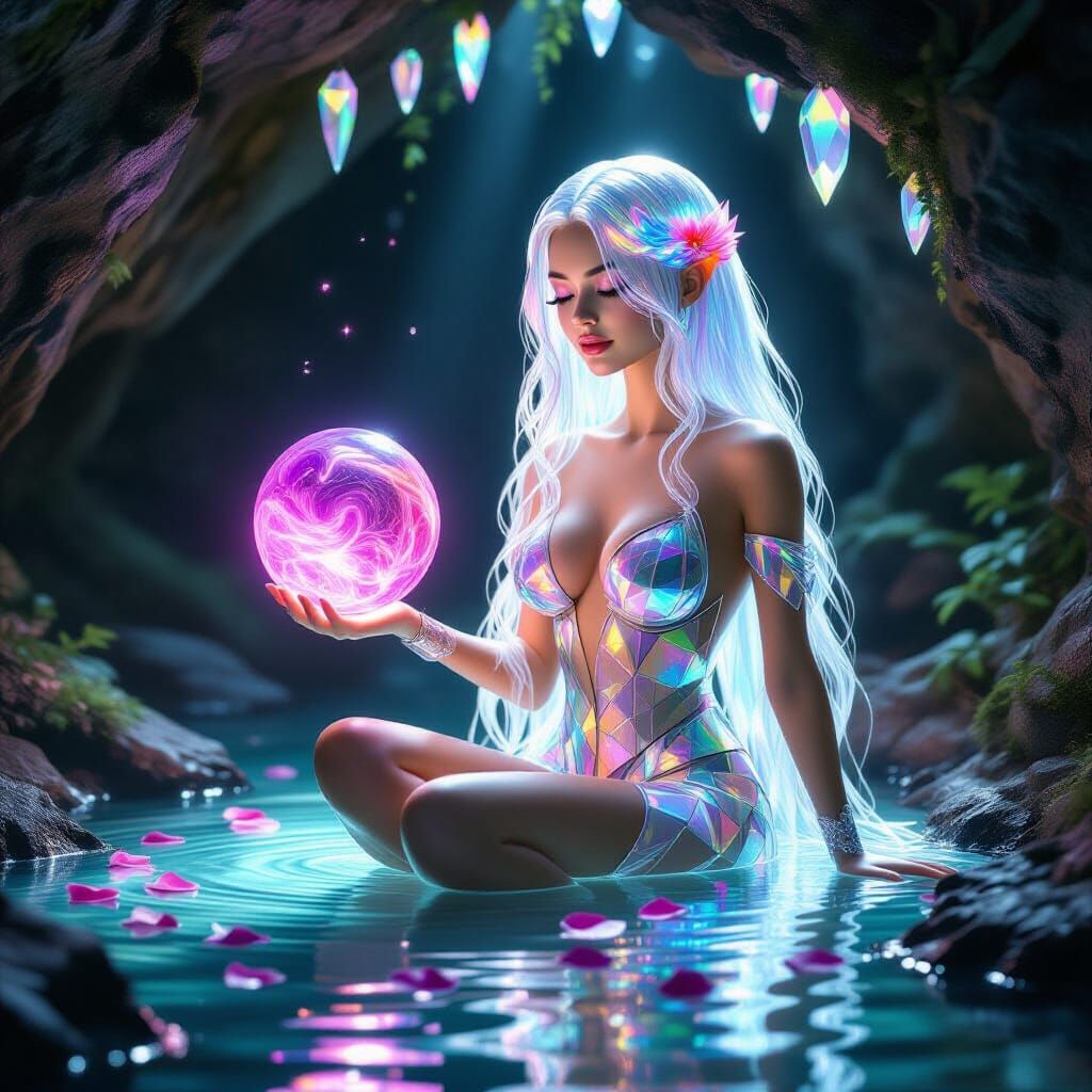 Crystal Woman in Cavern Oasis: 3D Render